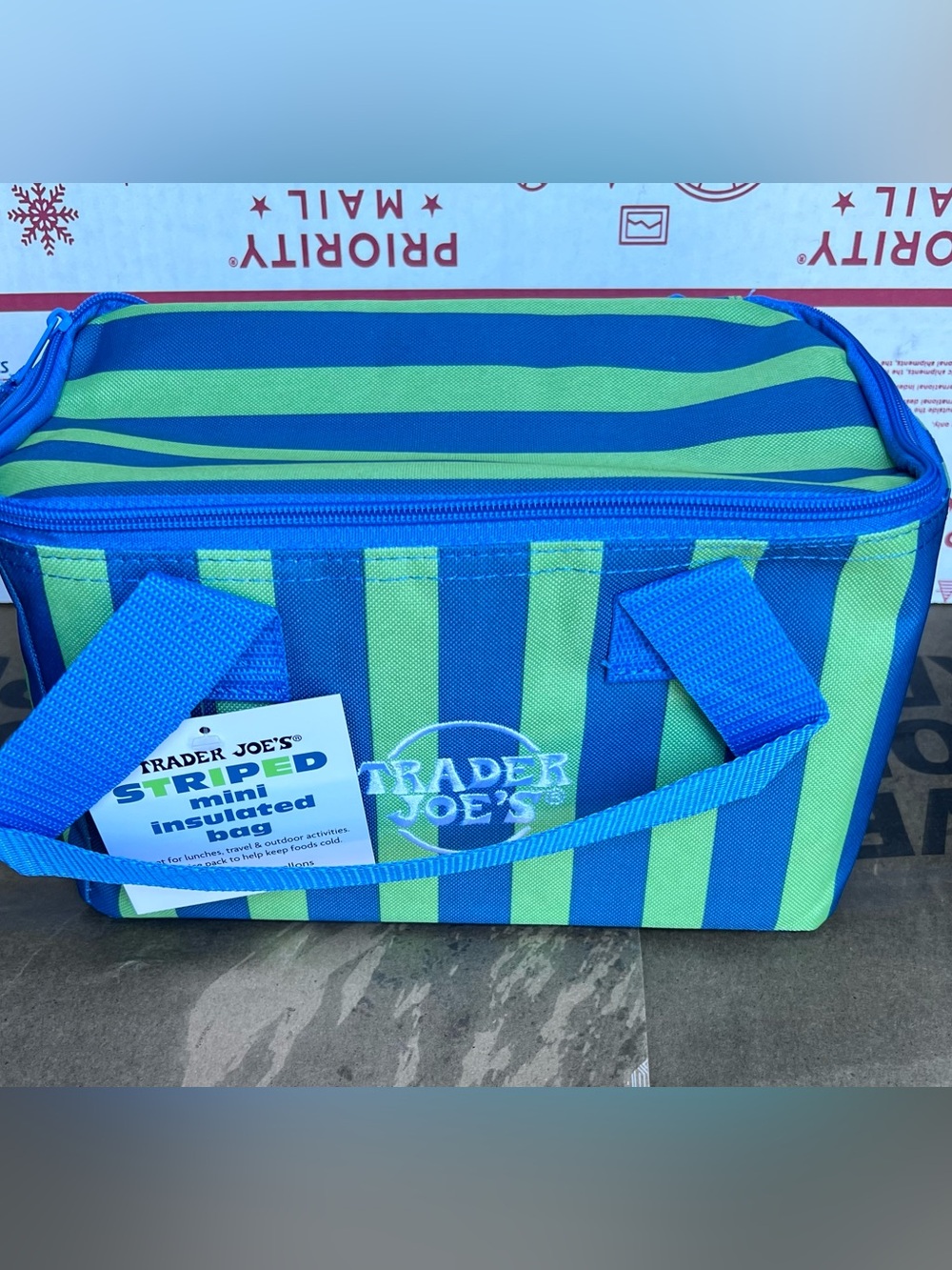 NWT Trader Joe's Striped Mini Insulated Bag - Blue & Lime Green